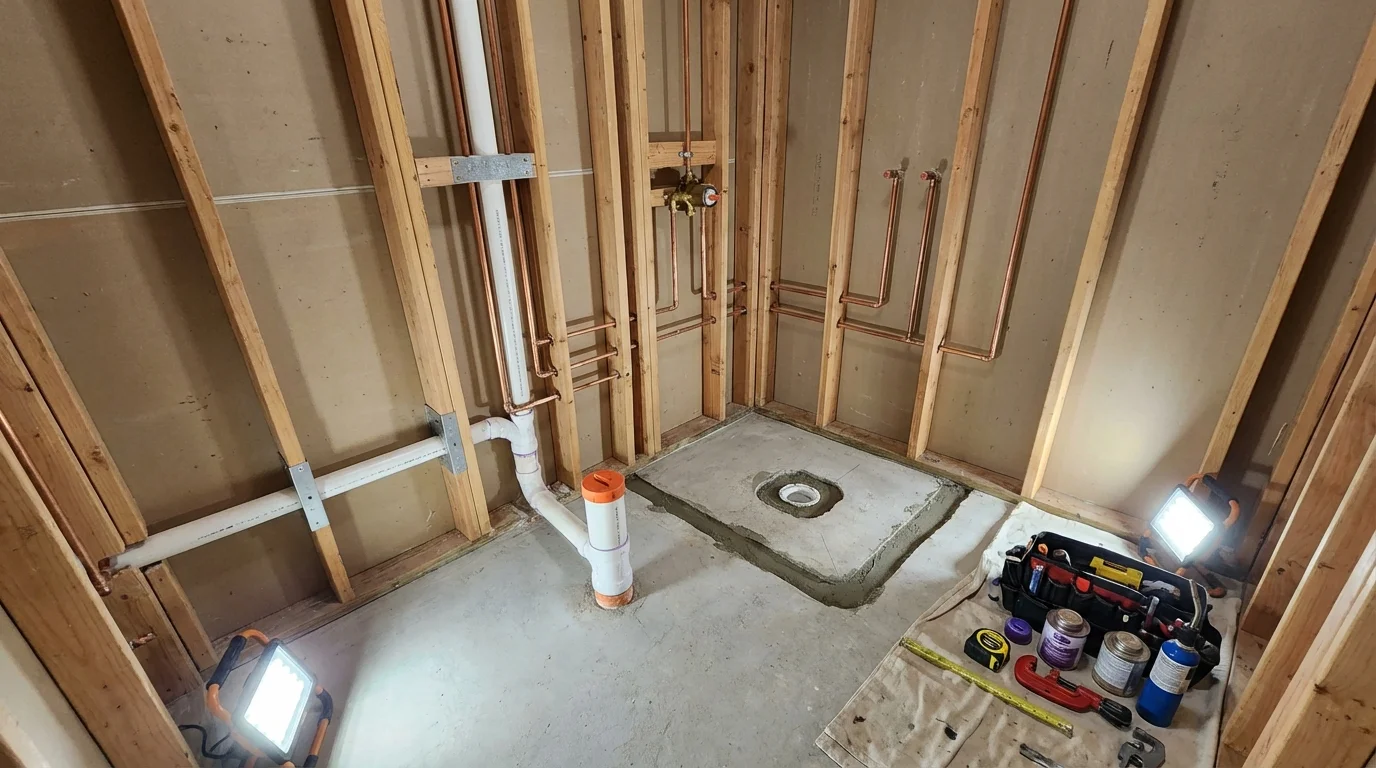 Bathroom rough-in plumbing during remodel by Johns Plumbing LLC in Oglala