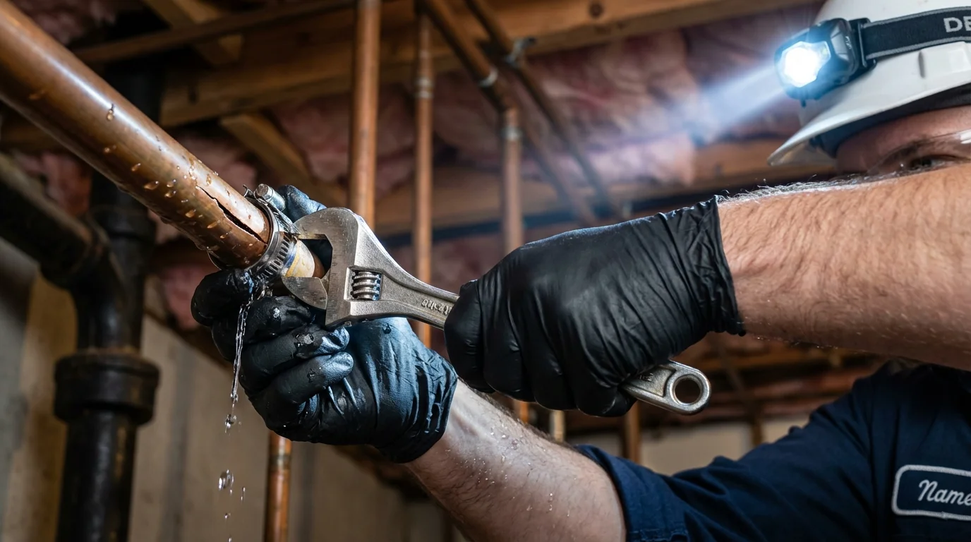 Emergency pipe clamp repair being performed by a Johns Plumbing LLC plumber in Oglala