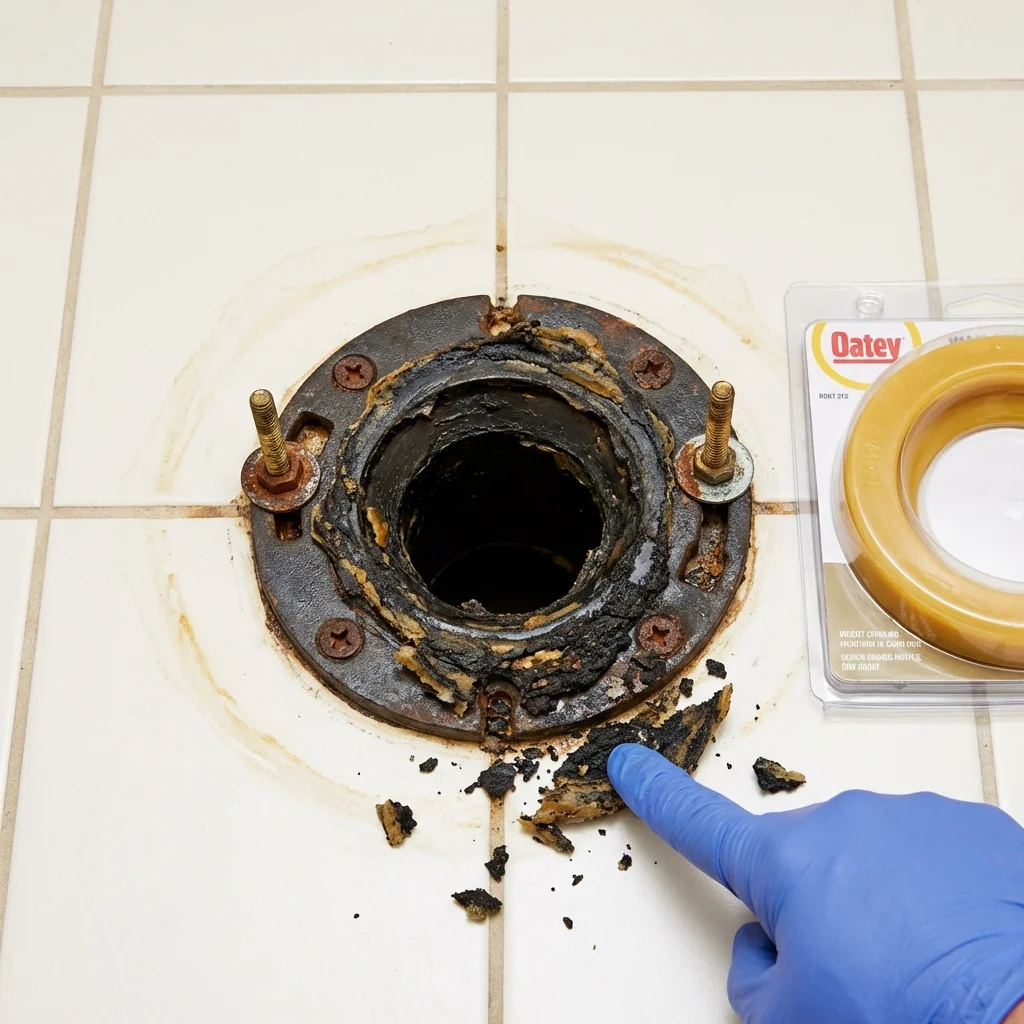 Failed wax ring showing water seepage at the base of a toilet in a Oglala, SD home