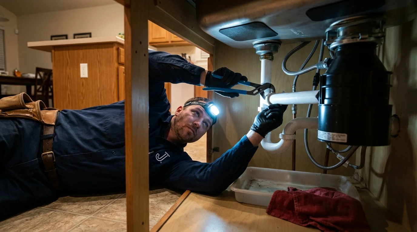 P-trap and supply line connections under a kitchen sink showing a common leak point in Oglala, SD